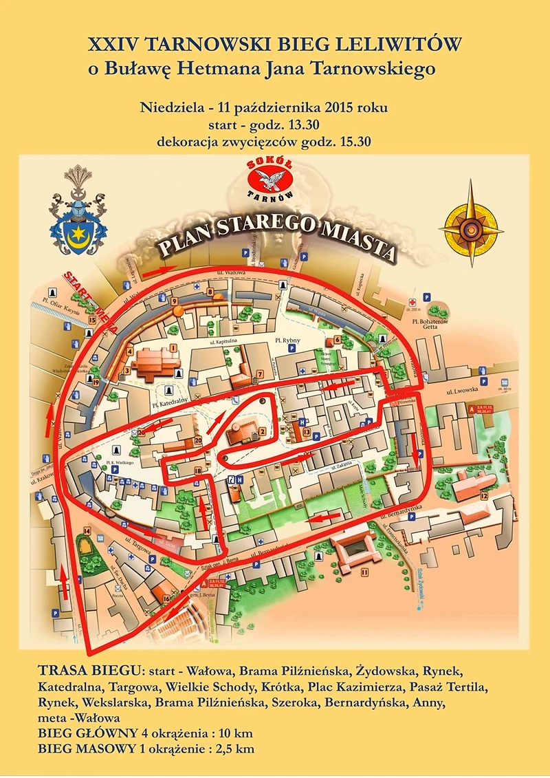 Mapa trasy biegu po centrum Tarnowa.