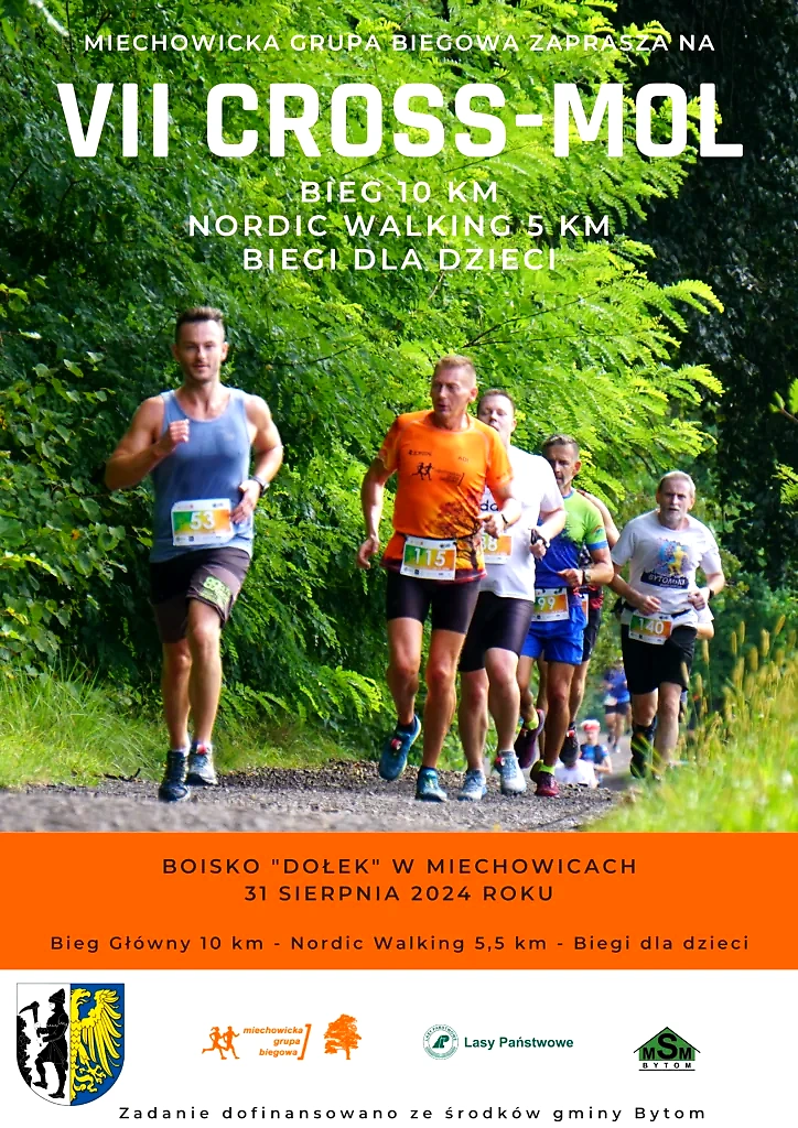 Biegacze na leśnej ścieżce, plakat VII Cross-Mol.