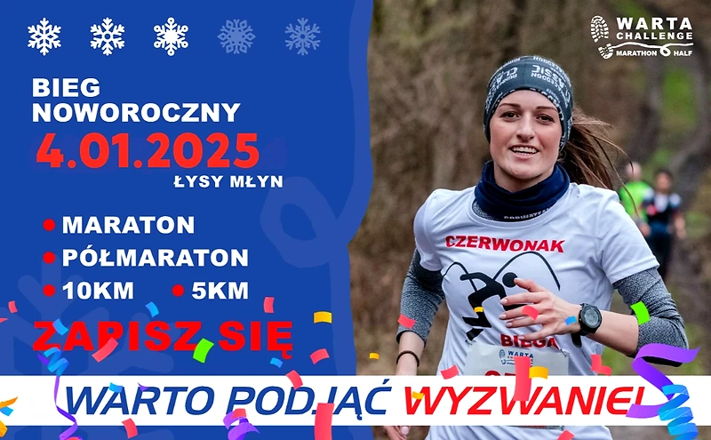 Plakat reklamowy biegu noworocznego Warta Challenge. Biegaczka, data, dystanse i logo.