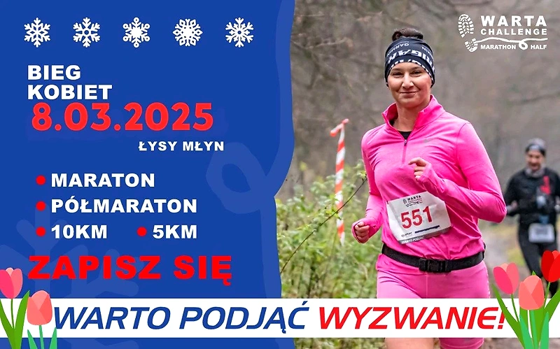 Plakat reklamujący Bieg Kobiet w ramach Warta Challenge z zawodniczką na pierwszym planie.