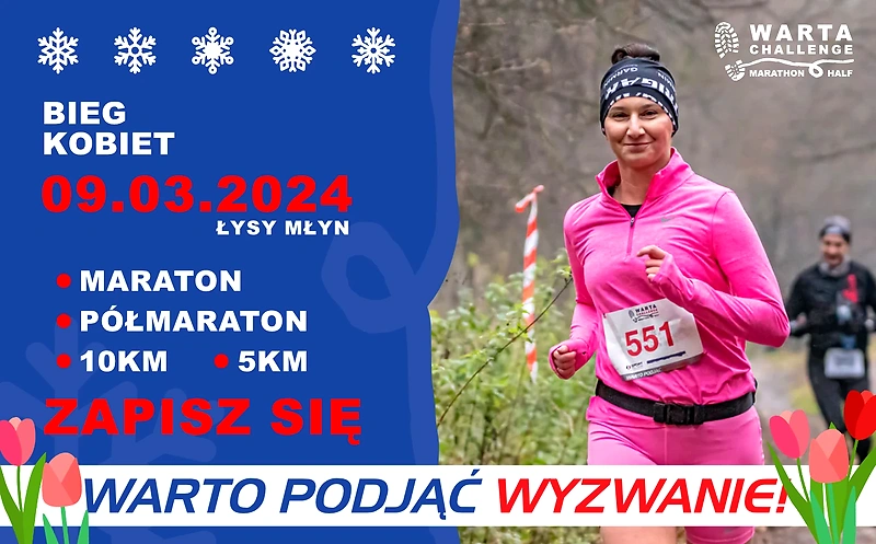 Plakat promujący Bieg Kobiet w ramach Warta Challenge, z datą, dystansami i wizerunkiem biegaczki.