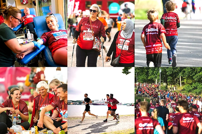 Bilder från Blodomloppet Göteborg: löpare, blodgivning och glada deltagare.