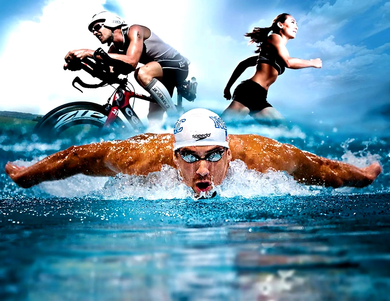 Triathlon image with swimming, cycling, and running. Suitable for the Village Race.