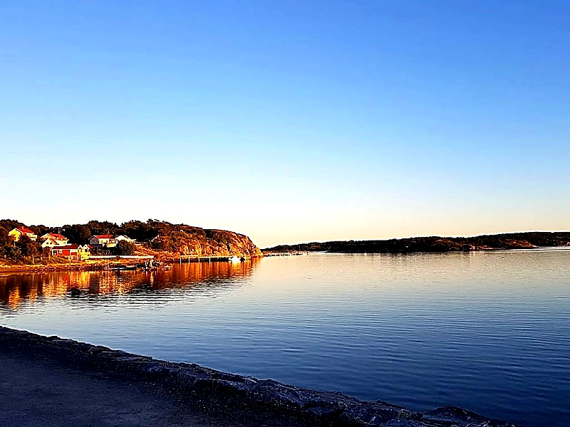 Utsikt över havet med hus vid kusten, troligen i närheten av Grebbestad.