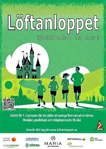 Affisch för Löftanloppet stafett med löpare, slott och text om loppet.