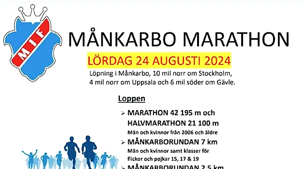 Annons för Månkarbo Marathon med logo, datum och distanser.