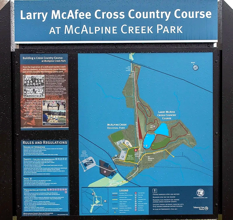 Karta över McAlpine Creek Park, platsen för Mental Health Run.