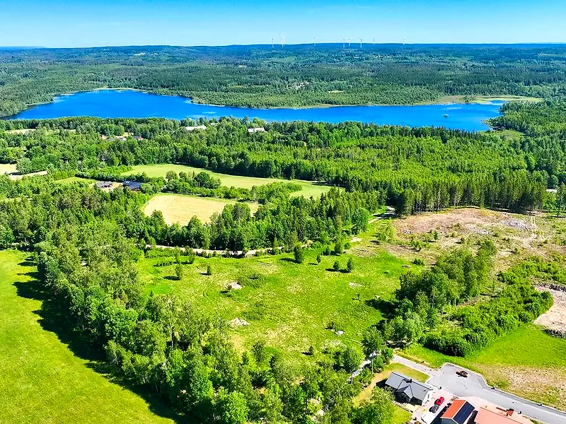 Luftfoto av landskap med sjö, fält och skog. Passar bra för ett löplopp.