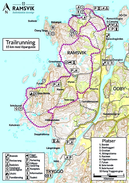 Karta över Ramsvik med markerad trailrunning-rutt.