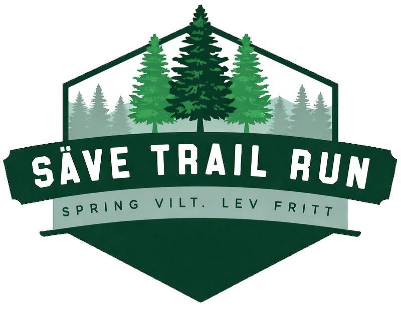 Säve Trail Run logotyp med skog och texten "SÄVE TRAIL RUN SPRING VILT. LEV FRITT".