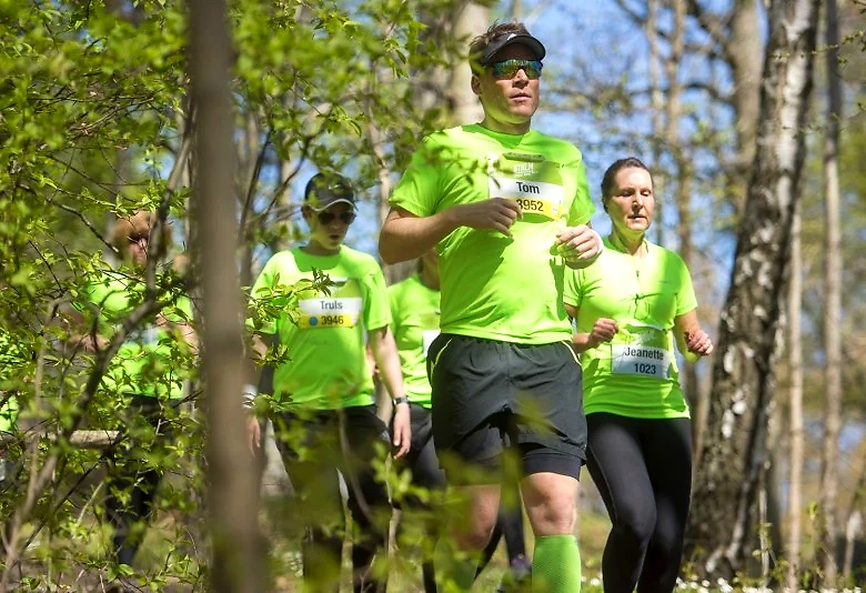 Löpare i en skog under ett trail-lopp.