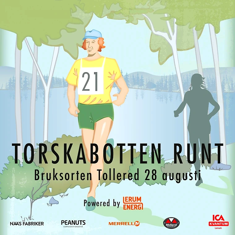 Affisch för Torskabotten Runt. Löpare med nummerlapp framför sjö.