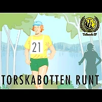 Logotyp för löpartävlingen Torskabotten Runt, med en löpare framför en sjö.