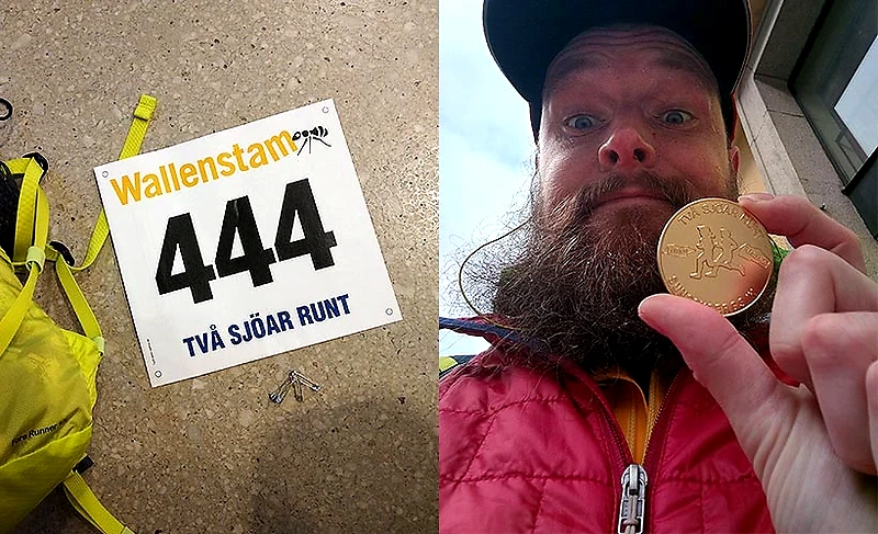 Person med medalj från Två Sjöar Runt och startnummer 444.