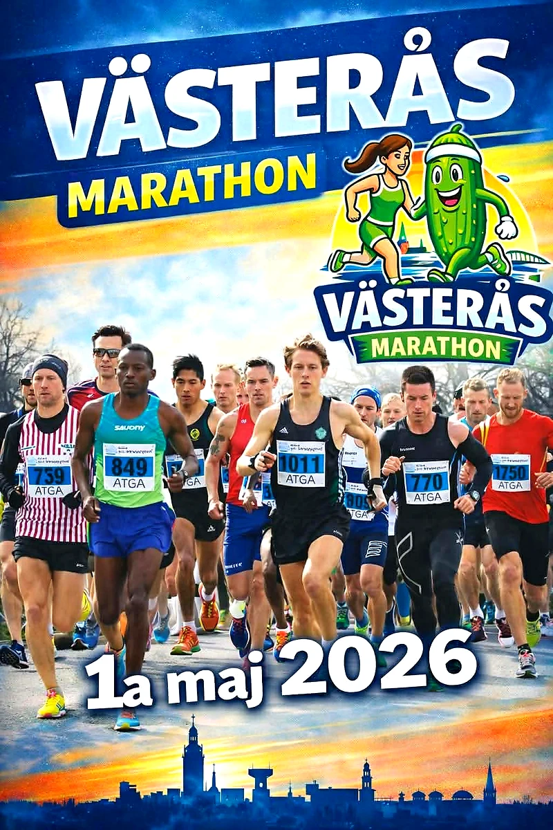 Runners deltar i Västerås Marathon med en färgglad bakgrund och text om evenemanget.