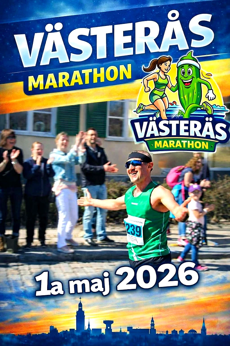 Löpare i Västerås Marathon med publik och datum 1a maj 2026.
