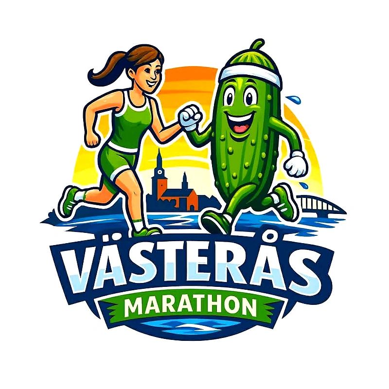 Logotyp för Västerås Marathon med en löpare och en gurka.
