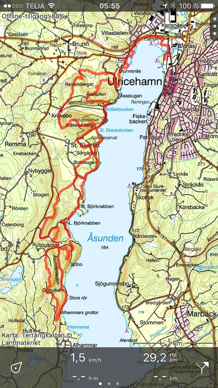 Karta över Åsunden med markerad rutt för Västgötaloppet Trail.