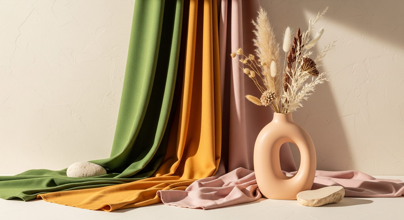 Draped green, yellow, and pink fabric behind a beige ceramic vase filled with dried pamp