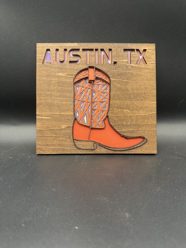 Austin Cowboy Boot Layered Wood & Paper Art