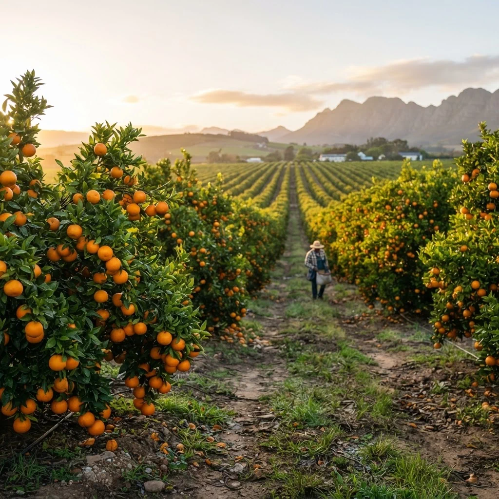 Fresh oranges in a citrus orchard