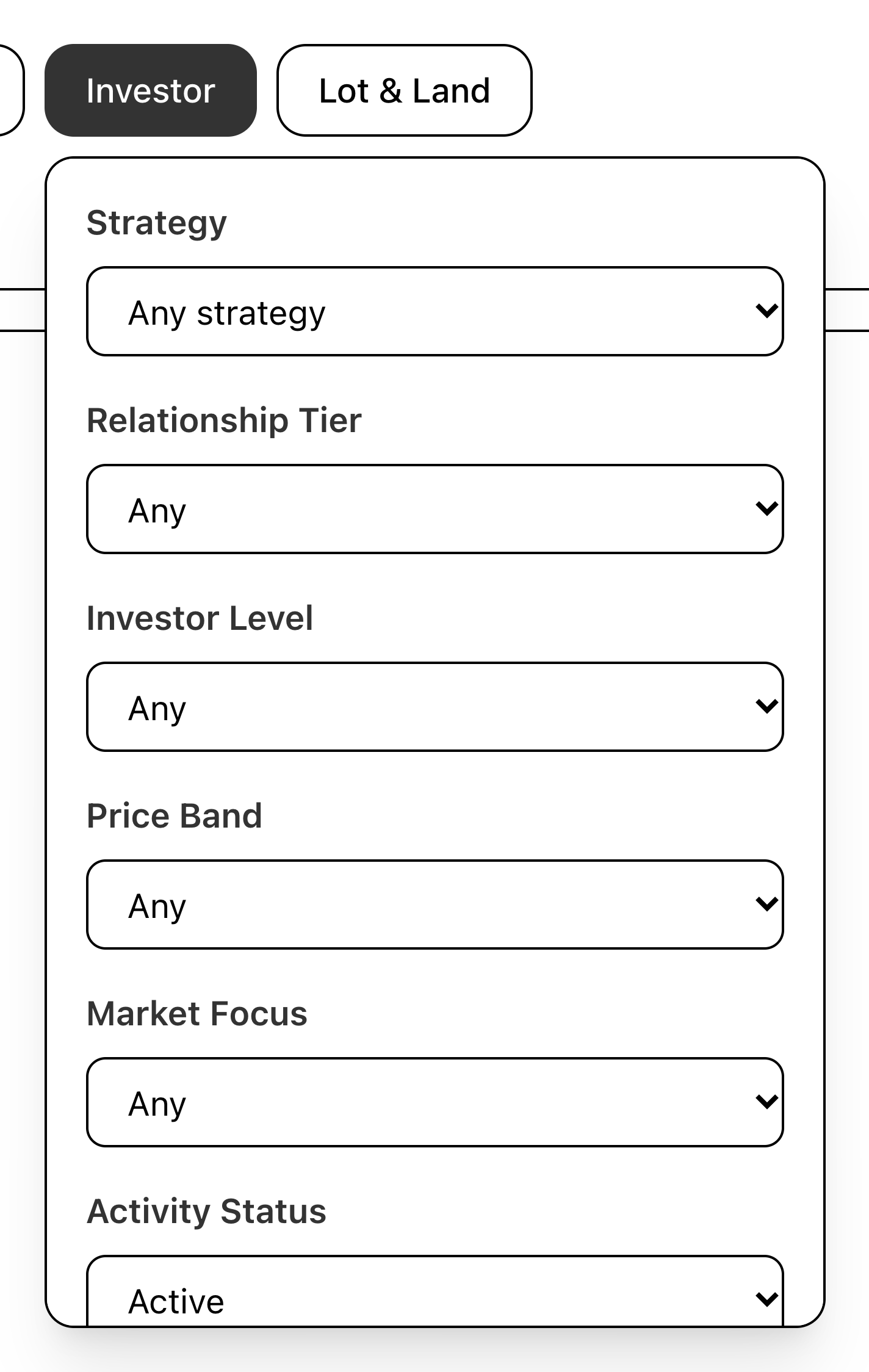 Activity Status set to Active in the Investor panel