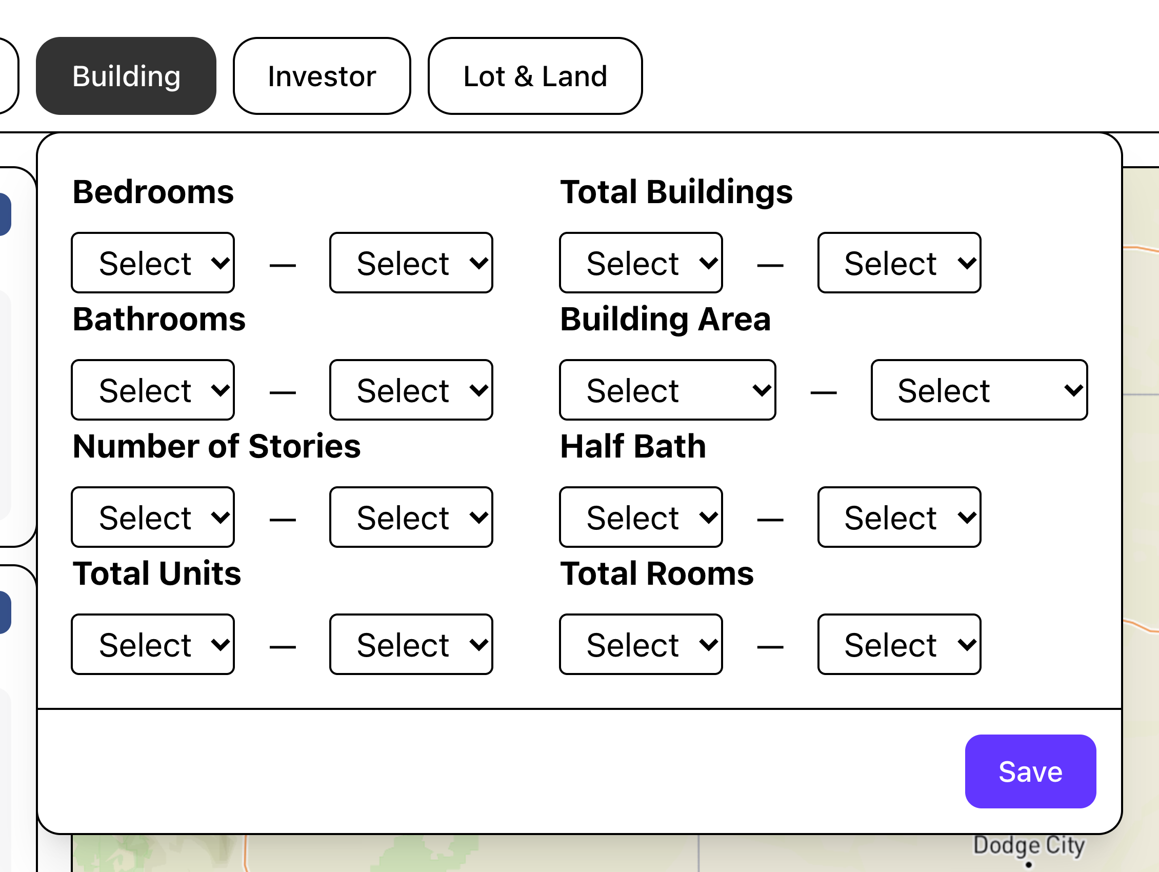 The Building panel with bedroom, bathroom and area ranges
