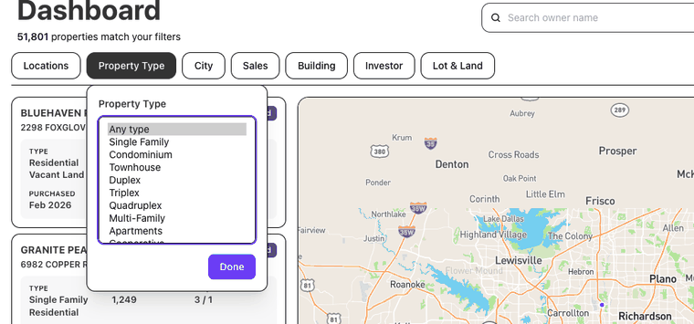 The Property Type menu open with every class visible