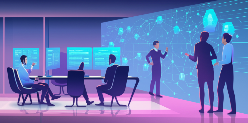 Defense contractors reviewing AI compliance requirements in modern tech office