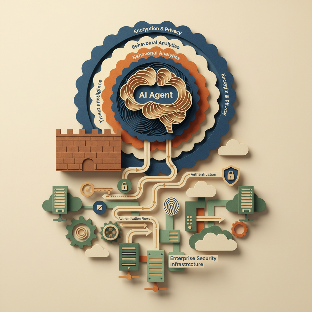 AI agent security architecture showing authentication, authorization, and monitoring layers