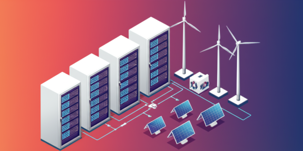 AI data center connected to renewable energy sources including solar panels and wind turbines