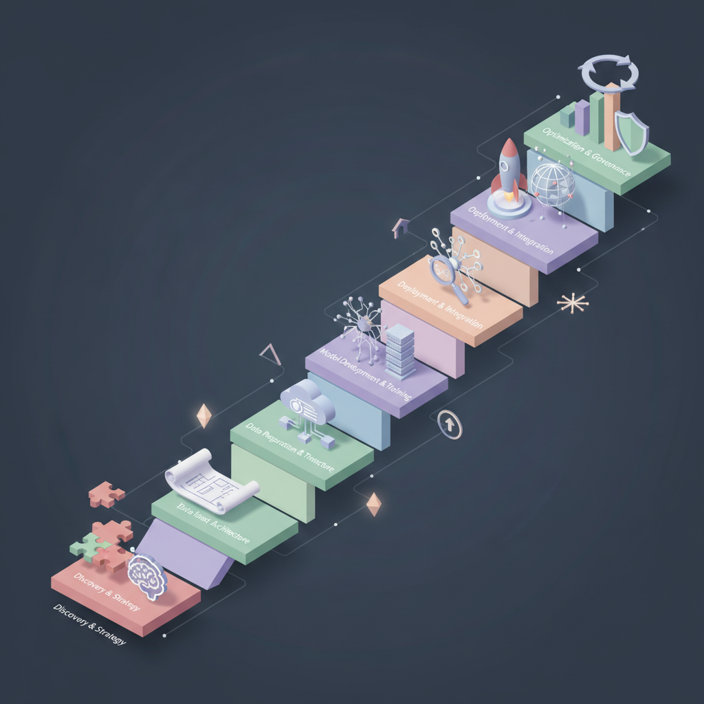 Enterprise AI implementation roadmap showing strategic planning, infrastructure, pilot, and scale phases