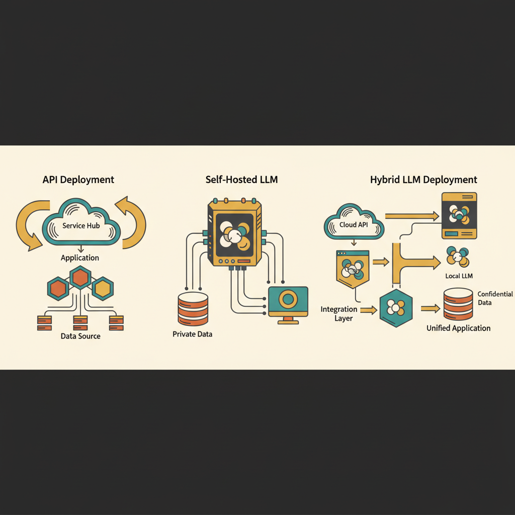 LLM integration architecture diagram showing API, self-hosted, and hybrid patterns