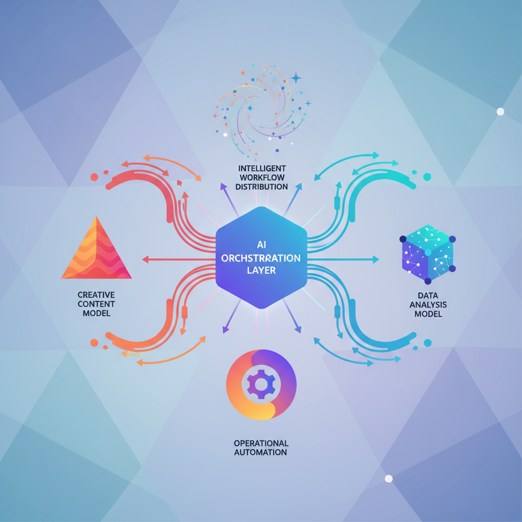 Conceptual visualization of multiple AI models working together in enterprise software