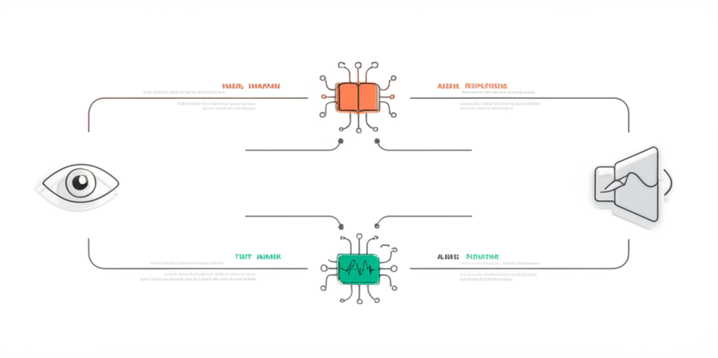 AI model seamlessly connecting understanding and creation across different types of content - visual, textual, and audio elements flowing through unified architecture