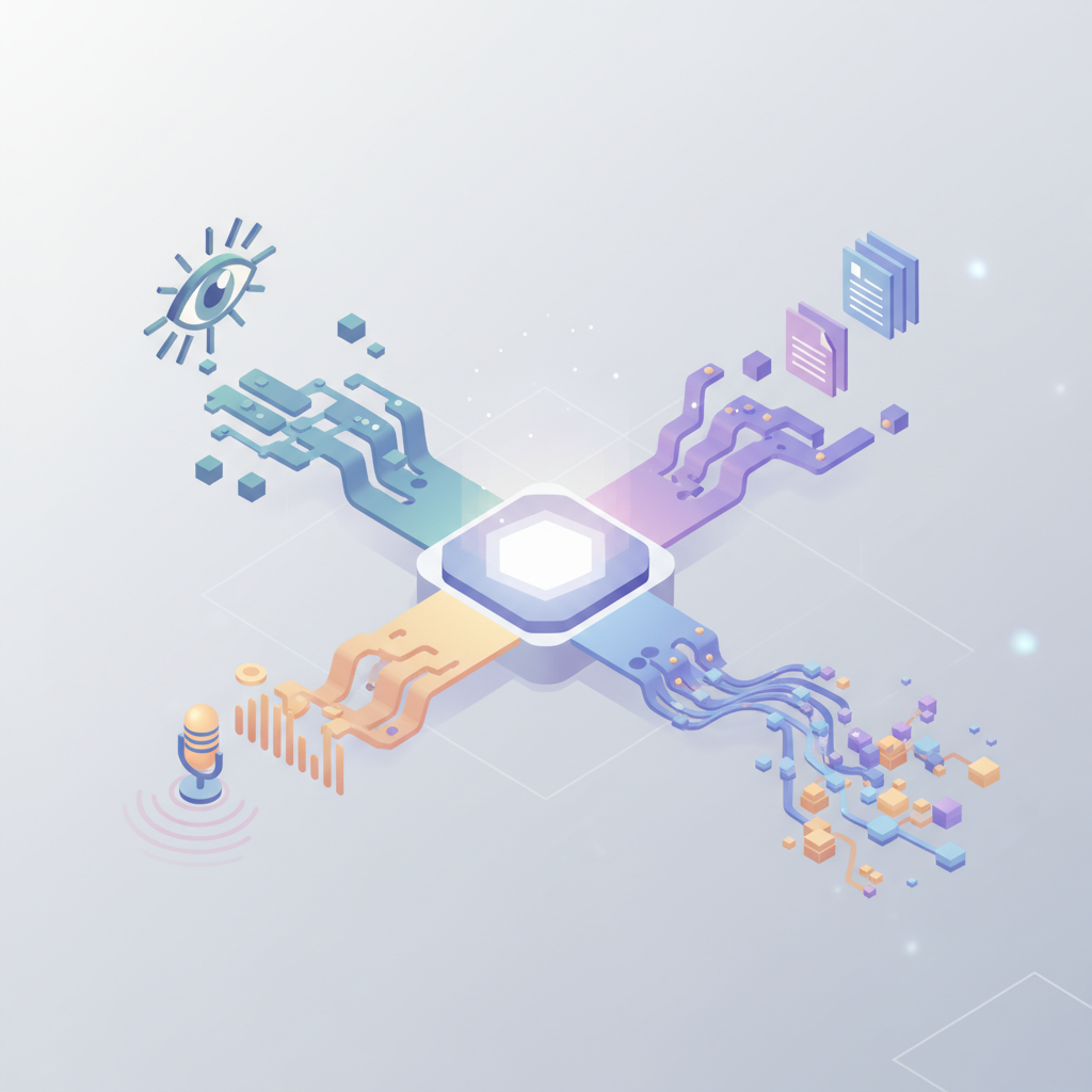 Multimodal AI agent architecture showing vision, speech, and text processing pipeline