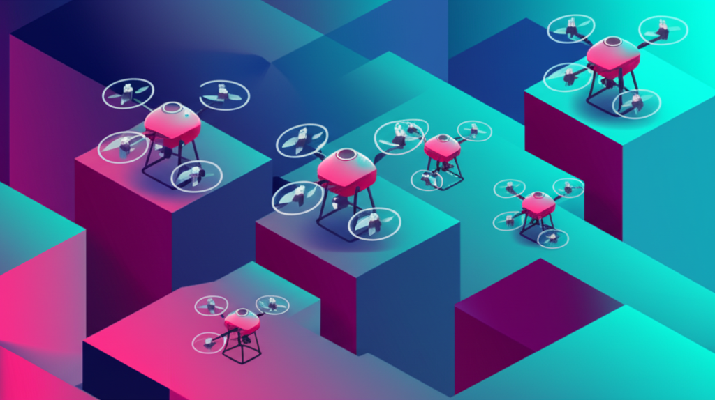 Autonomous drones operating independently in coordinated formation, navigating complex terrain, making tactical decisions