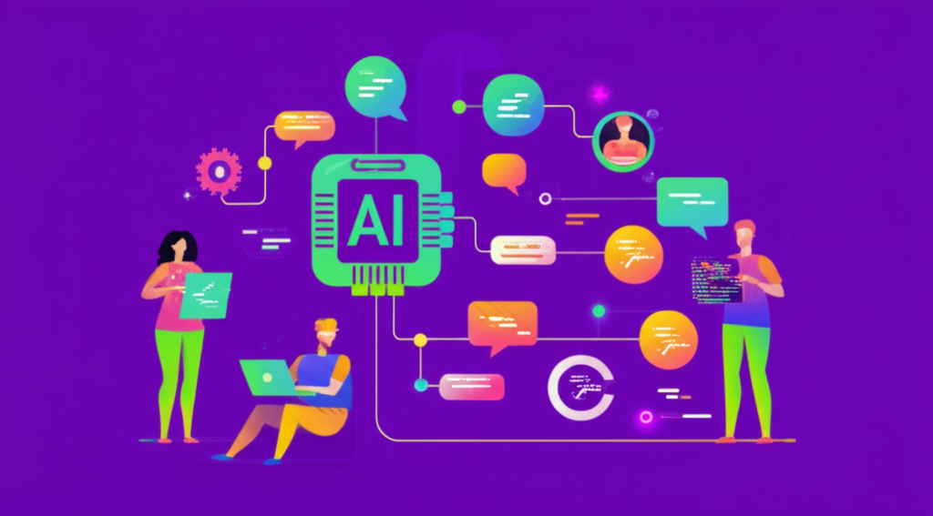 Illustration showing AI-powered development workflow with code collaboration and version control