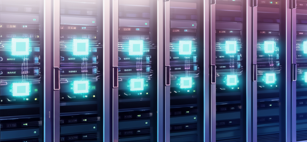 Modern AI data center with specialized inference chips processing real-time AI workloads