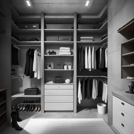 Brutalist Walk-in Closet design - AI generated interior design visualization