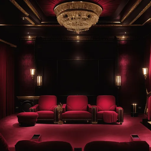 Hollywood Regency Home Theater design - AI generated interior design visualization