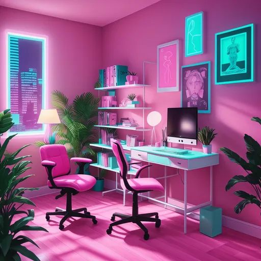 Vaporwave Home Office design - AI generated interior design visualization