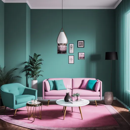 Vaporwave Living Room design - AI generated interior design visualization
