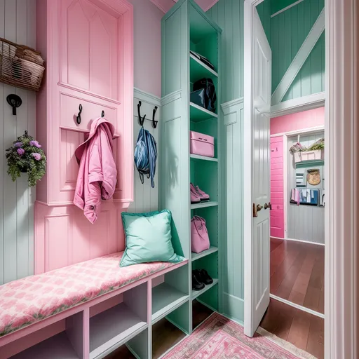 Vaporwave Mudroom design - AI generated interior design visualization