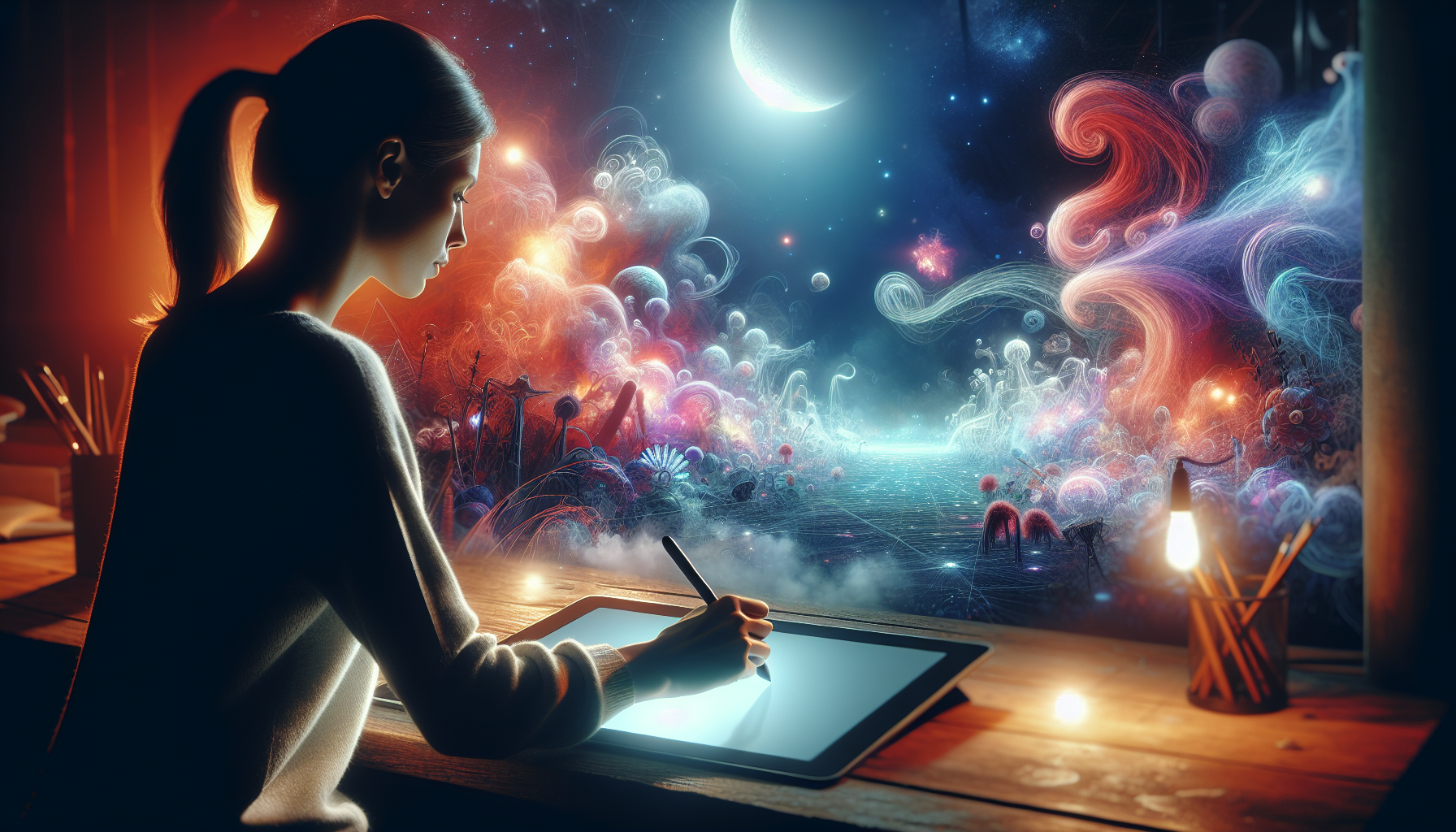 An artist using an AI-powered tablet to brainstorm a universe of creative ideas, conquering the blank canvas.