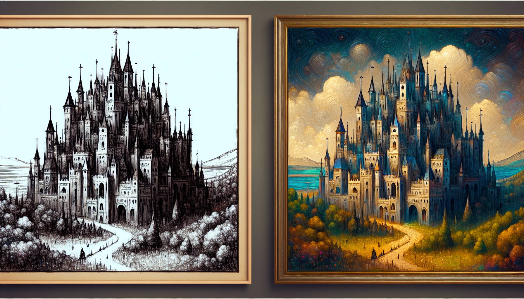 A side-by-side comparison showing the progression from raw AI concept art to a final, human-painted illustration.