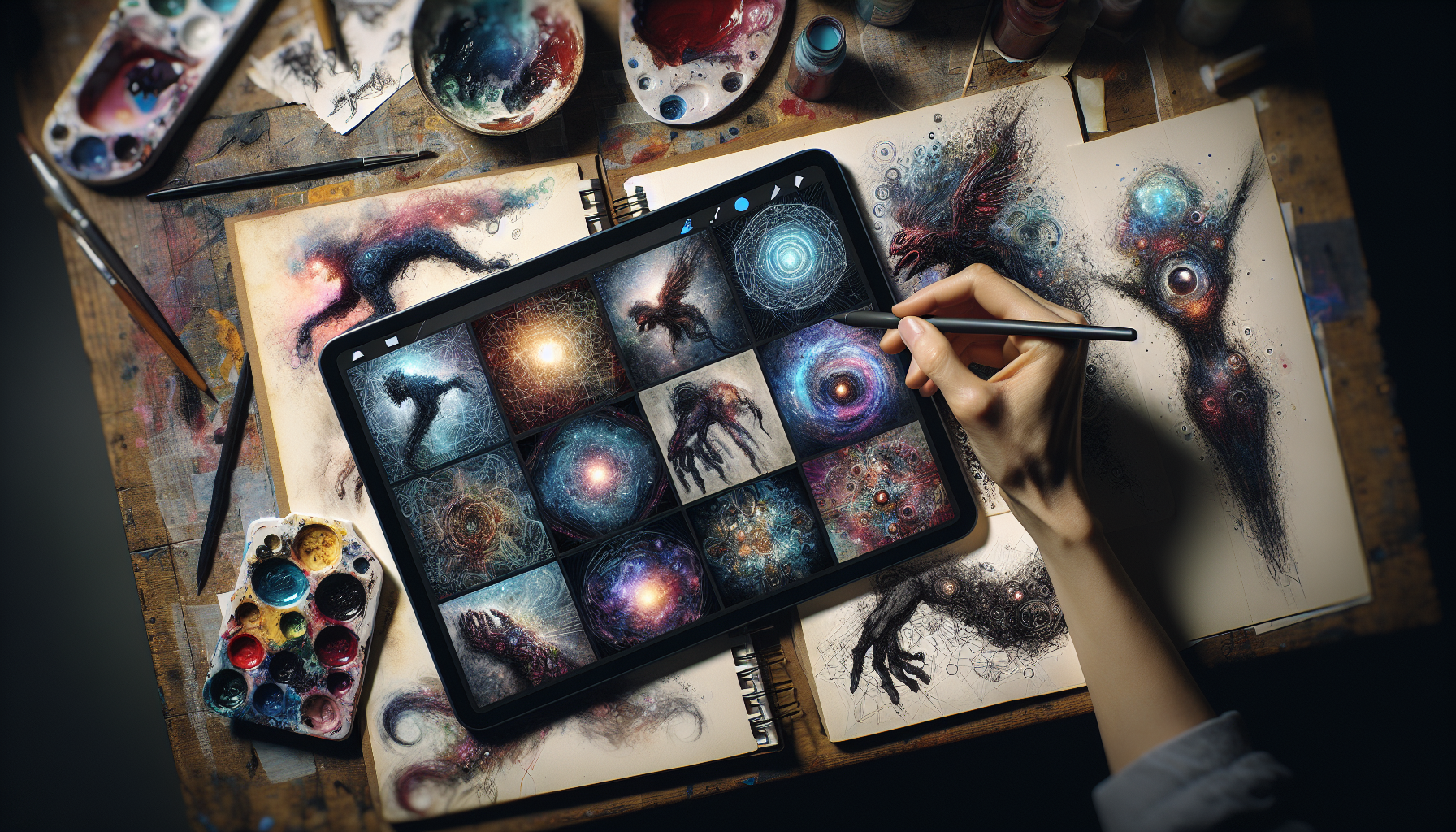 An artist using an AI art generator on a tablet as a digital sketchbook for creative inspiration.