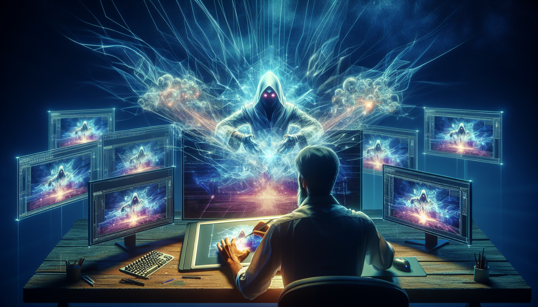 A concept artist using an AI tool on a tablet to develop a video game landscape.