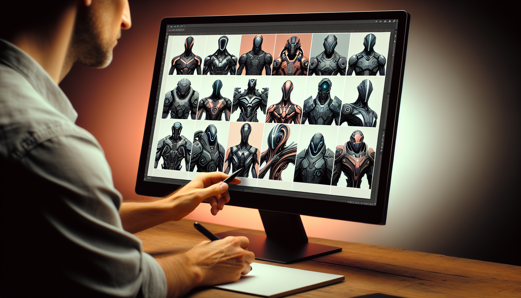 A grid showing multiple AI-generated character concepts for a video game being curated by a human artist.