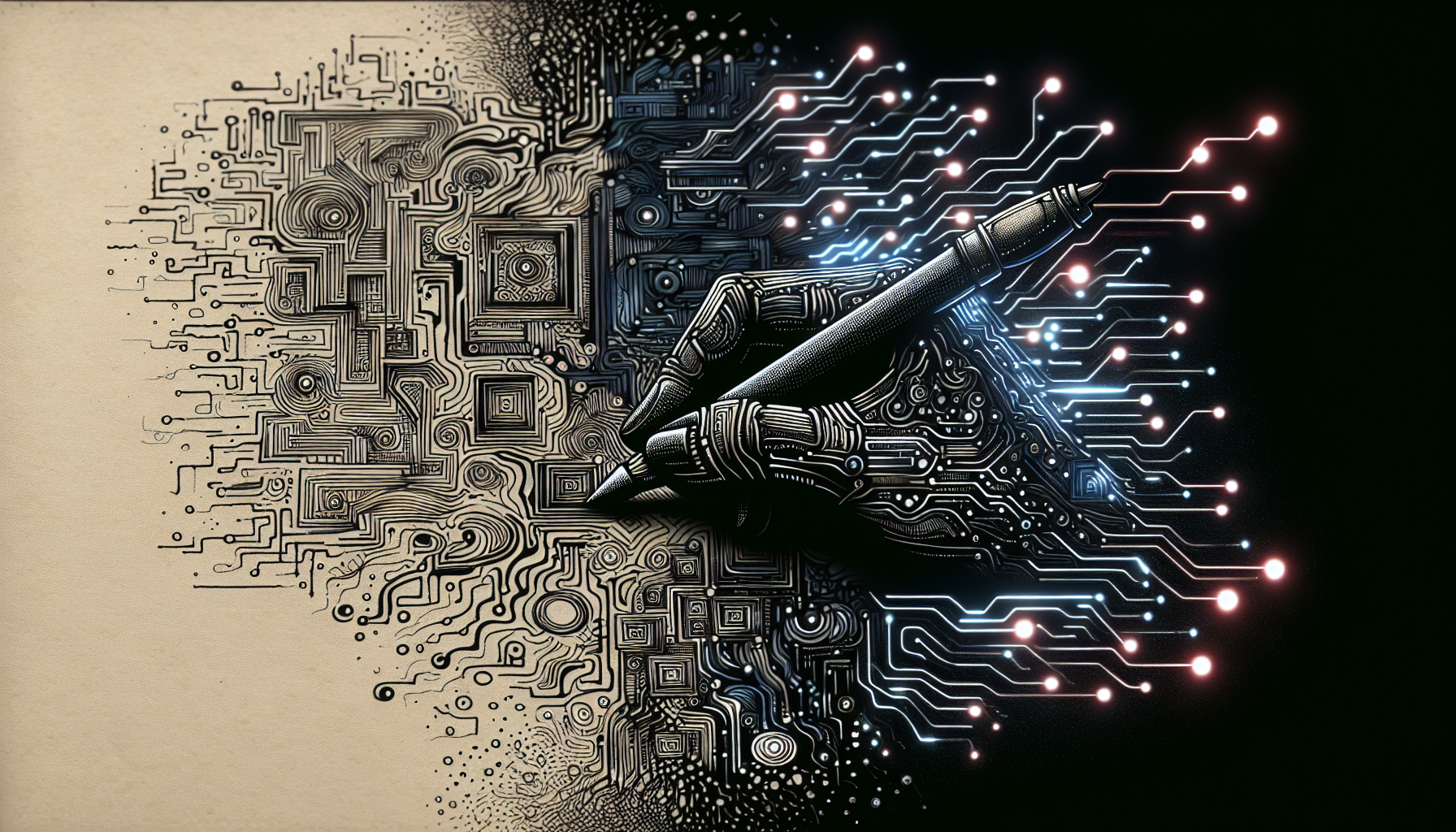 An abstract visualization of human handwriting morphing into digital AI text.